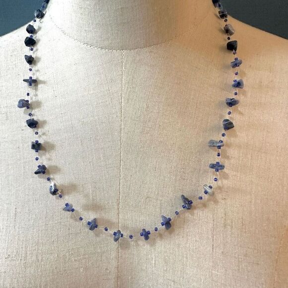 lapis  lazuli chip beaded necklace on clear cord - Picture 1 of 9
